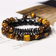 Load image into Gallery viewer, Men's Natural Rectangle Tiger Eye Stone Bead 2-Bangle Set, Handmade