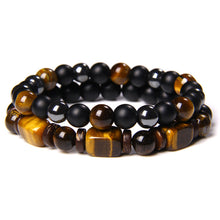 Load image into Gallery viewer, Men's Natural Rectangle Tiger Eye Stone Bead 2-Bangle Set, Handmade