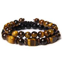 Load image into Gallery viewer, Men's Natural Rectangle Tiger Eye Stone Bead 2-Bangle Set, Handmade