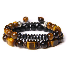 Load image into Gallery viewer, Men's Natural Rectangle Tiger Eye Stone Bead 2-Bangle Set, Handmade